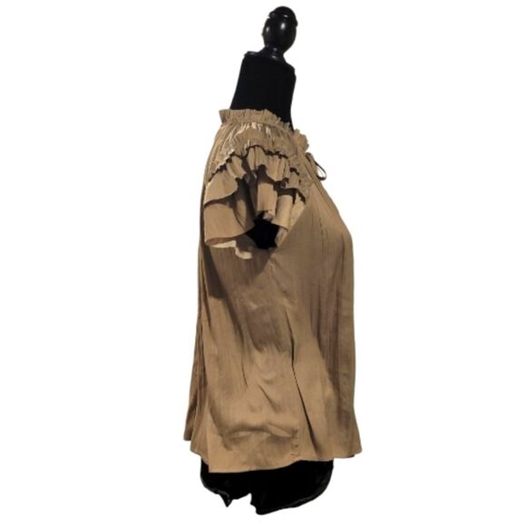 Evereve Tan Metallic Silky Flutter Sleeve Blouse with Mandarin Collar Size XS - Picture 3 of 8